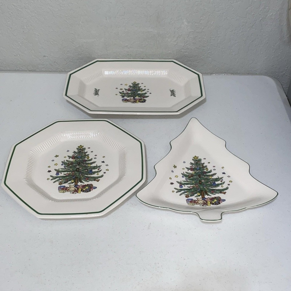 VTG Nikko Christmastime Vegetable Serving Platters Octagon Christmas Tree Set 3